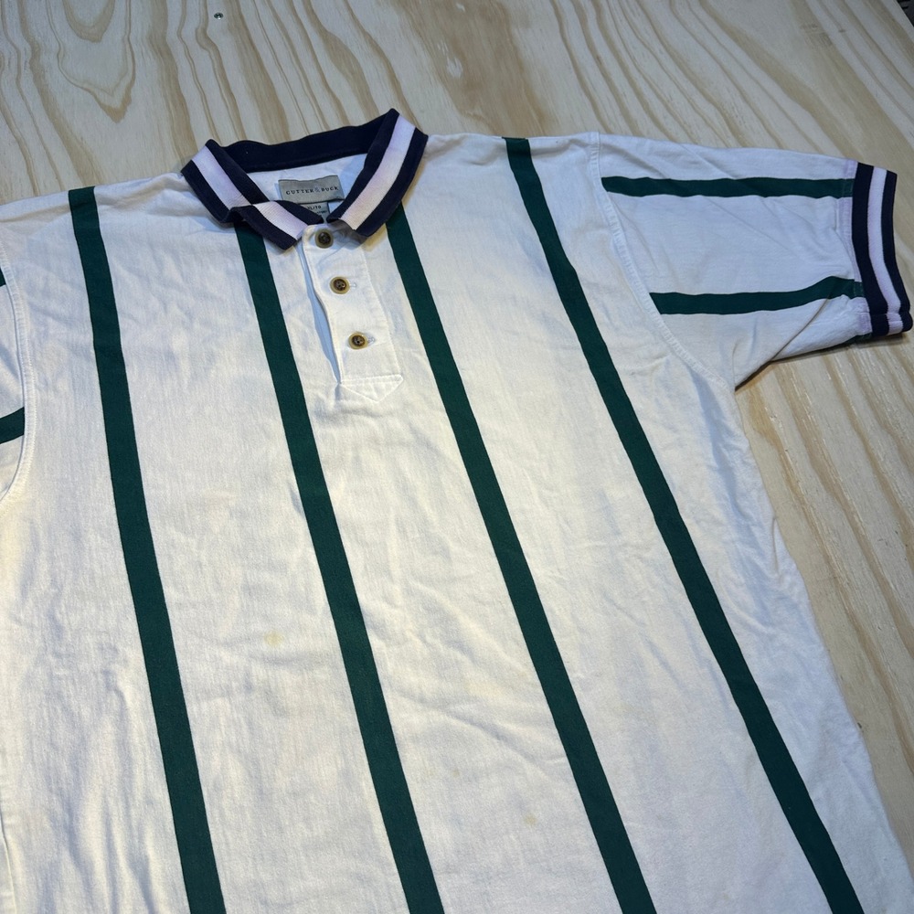 Cutter & Buck Mens XL White Green Vertical Striped Cotton Golf Polo Shirt